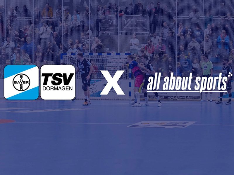 Logos von TSV Bayer Dormagen und all about sports vor einer Handballhalle