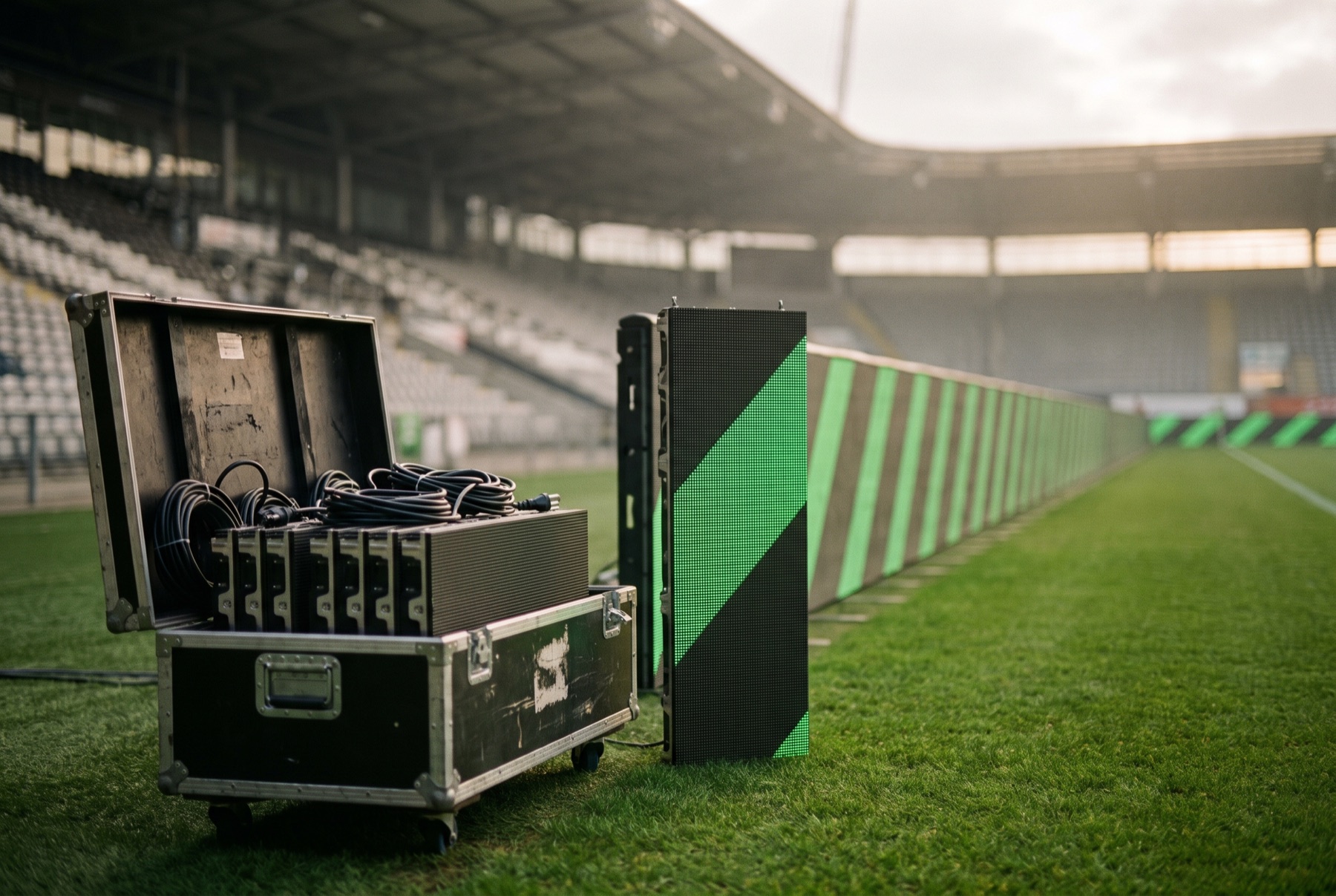 Aufbau von LED-Banden im leeren Stadion: Flightcase mit LED-Modulen und Kabeln, dahinter die aufgestellte Bande